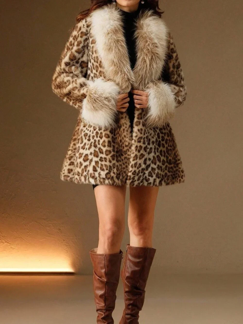Brown Casual Women's Leopard Pattern Fluffy Fuzzy Coat